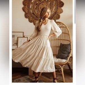 Bohme Smocked Tiered long sleeve Midi Dress in Ivory